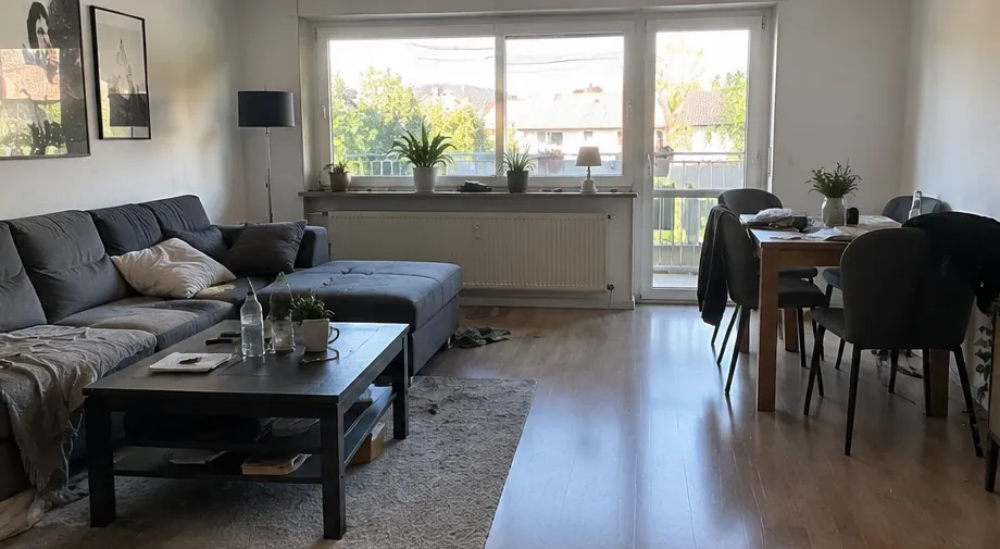 Vorher: vollgestelltes Wohnzimmer mit Sofa, Tisch und Möbeln
