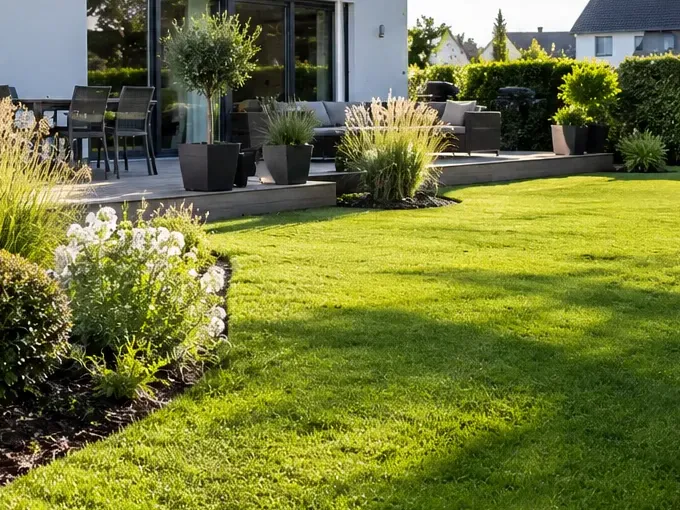 Aufgeräumte Terrasse mit Pflanzentöpfen und gepflegtem Rasen
