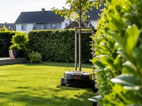Junger Baum und Hecke an einer sauberen Rasenfläche